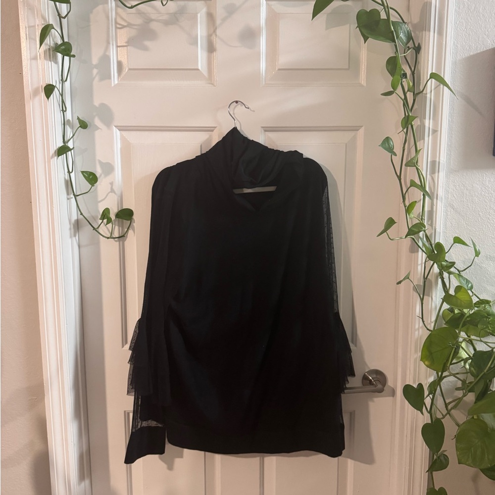 Womens 22/ 24 Lane Bryant Livi Active Black Ruffled Mandarin Collar Blouse